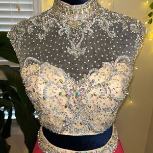 Tiffany Designs Beaded Cream and Pink Prom Dress